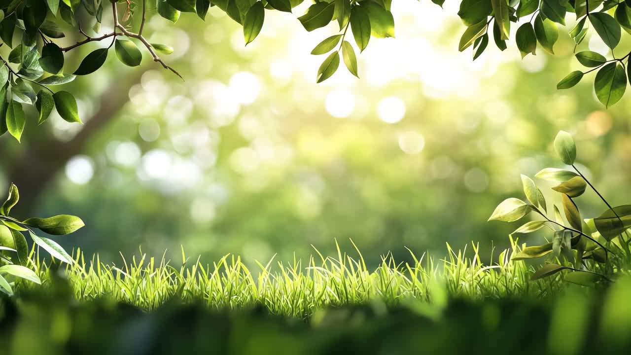 Low-angle video shot of lush green grass and leaves, capturing sunlight filtering