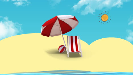 animation of umbrella, deckchair and ball in red and white stripes on beach with sun on blue sky