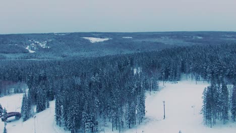 Wide-pull-in-aerial-of-vast-panoramic-wintery-snowy-forrest-landscape