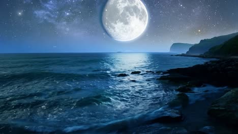 ocean waves crash against a rocky coastline at night, illuminated by the moon shining brightly in the sky