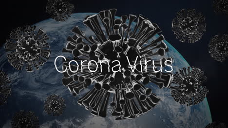 coronavirus text and multiple covid-19 cells floating over spinning globe against black background