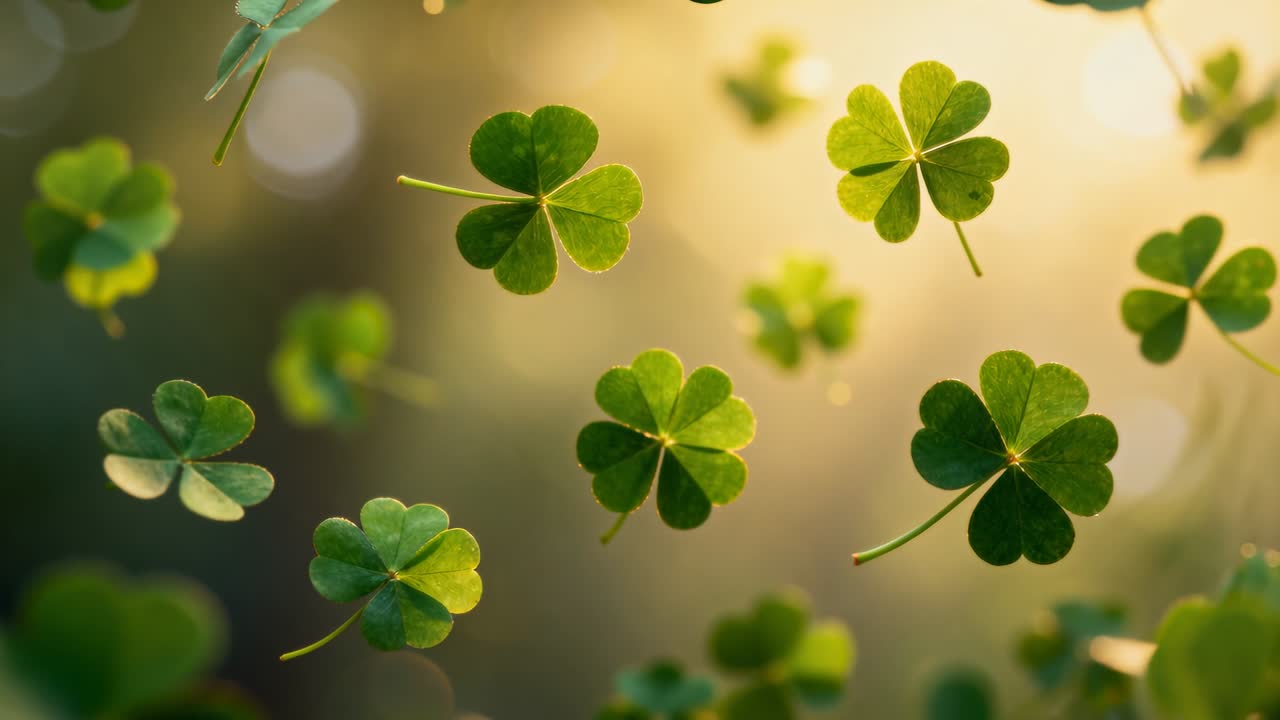 Sunlight intensifying, drifting green clover leaves rotating, revealing stems in glade by breeze