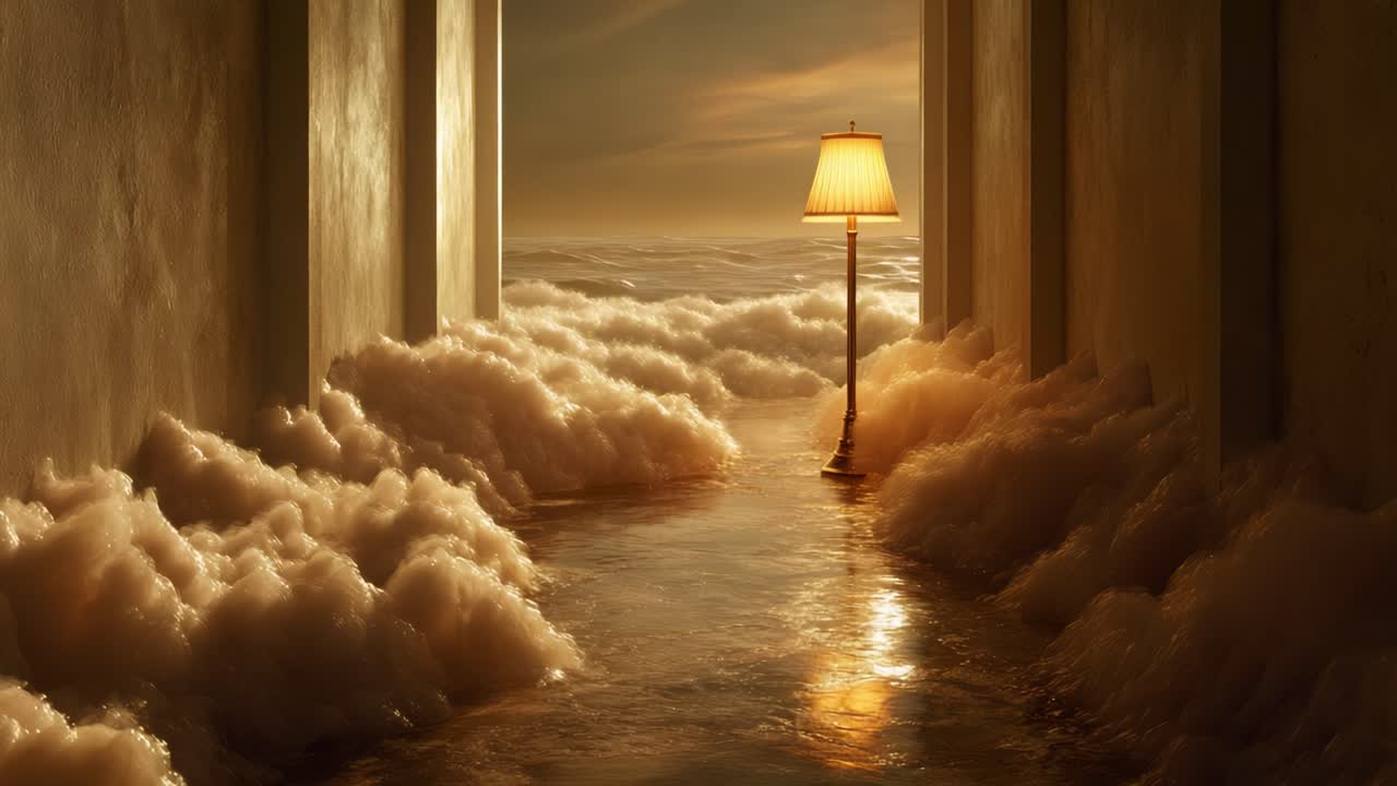 A Tranquil Scene of Serenity: A Lamp Illuminates a Foggy Pathway Amidst an Ocean of Soft Clouds Reflecting the Calmness of a Dreamlike Environment