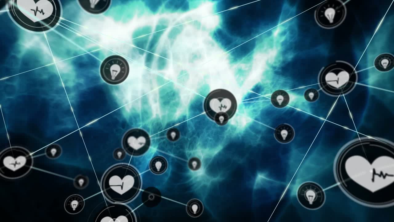 Animazione di rete di connessioni con icone su sfondo nero e blu