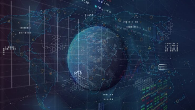 Animation of statistical and stock market data processing over spinning globe and world map