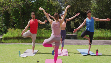 Rückansicht-Einer-Kaukasischen-Lehrerin,-Die-Mit-Einer-Vielfältigen-Gruppe-Im-Park-Yoga-Pose-Praktiziert