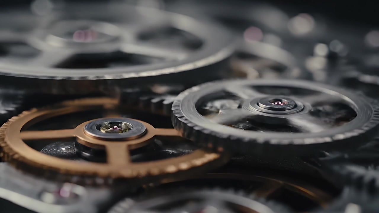 Macro Close-up of Intricate Mechanical Watch Movement Gears