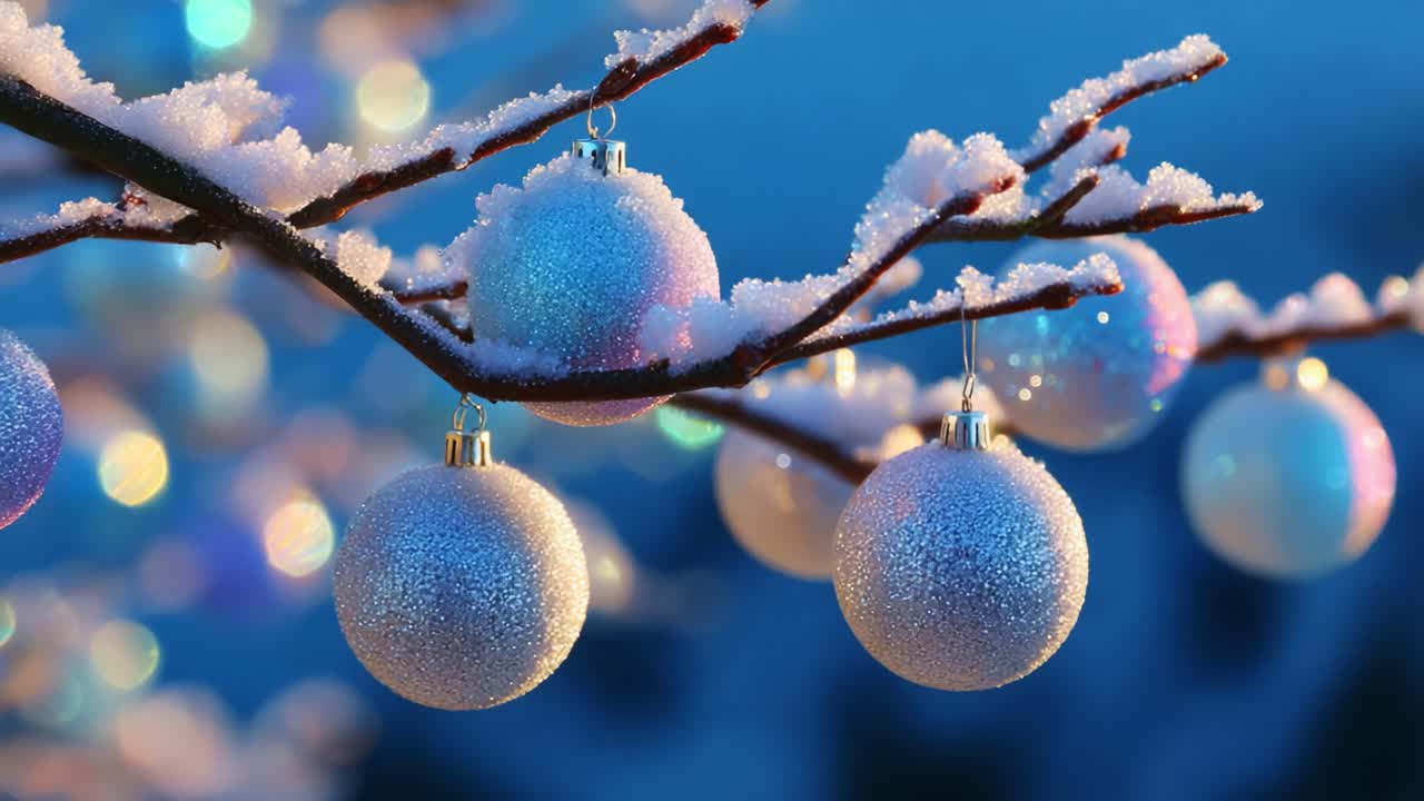 Beautiful Glimmering Christmas Ornaments Hanging on a Snow-Covered Tree Branch with a Sparkling Background, Capturing the Essence of Winter and the Joyful Spirit of the Holiday Season