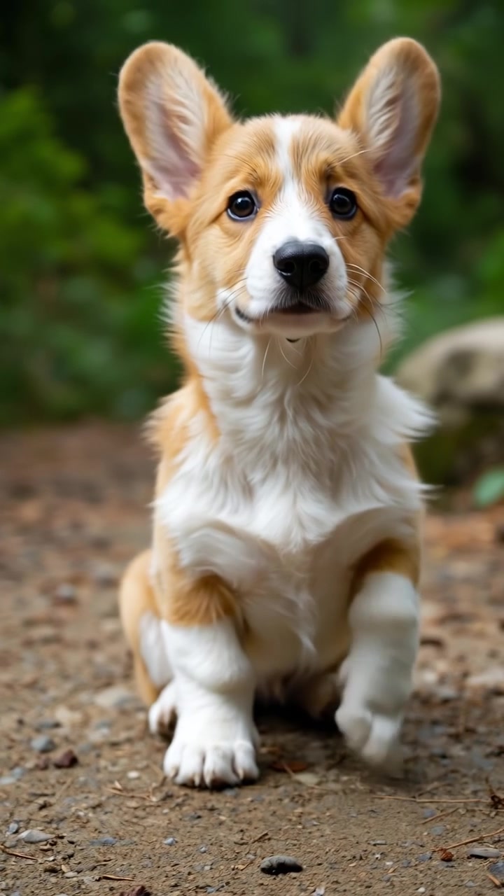 Lindo cachorro de Corgi Galés de Pembroke caminando y sentado en un sendero de tierra en un bosque