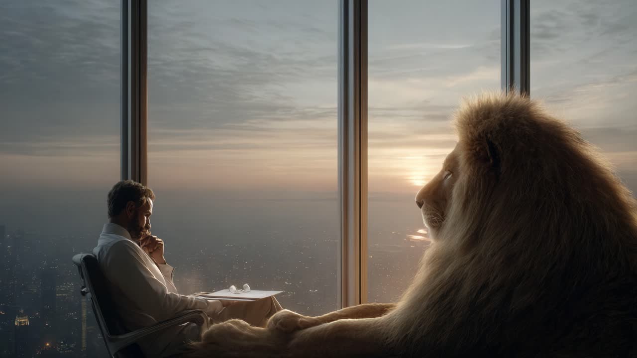 Un incontro sereno tra un uomo e un leone: un uomo pensieroso siede in una stanza di un grattacielo con un leone maestoso al tramonto, colmando il divario tra due mondi con un senso di armonia e riflessione