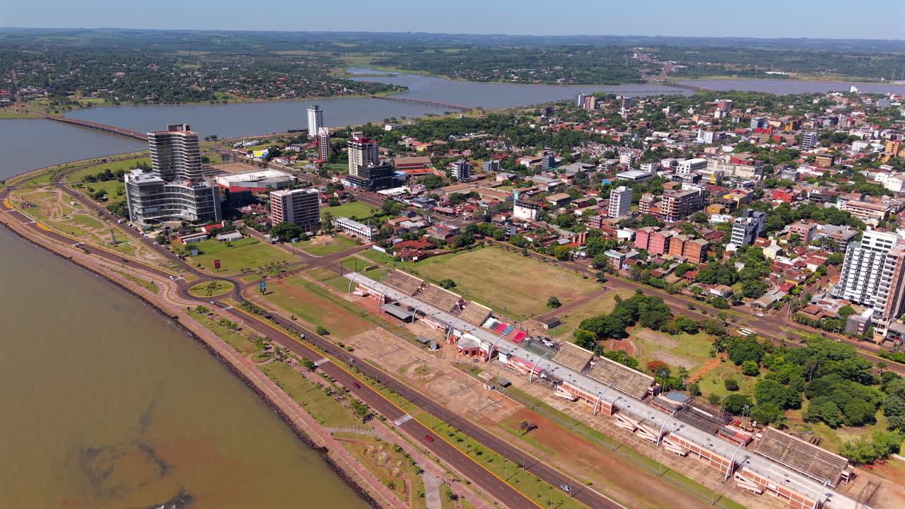 Aerial view of city of Encarnación. Sambadrome, venue for samba parade. Paraguay.