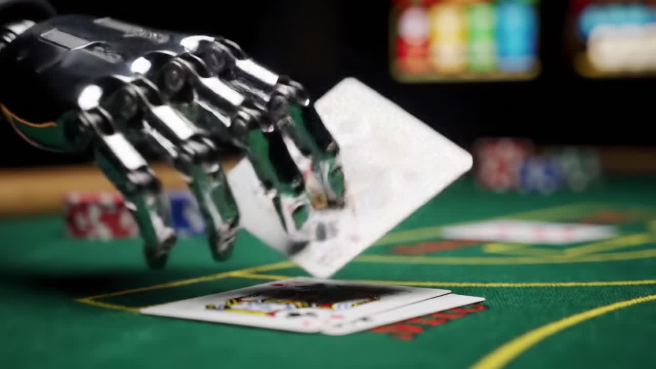 A robotic hand skillfully picks up a playing card at a casino. The background shows poker chips and a vibrant green table. The atmosphere is tense as players watch intently.