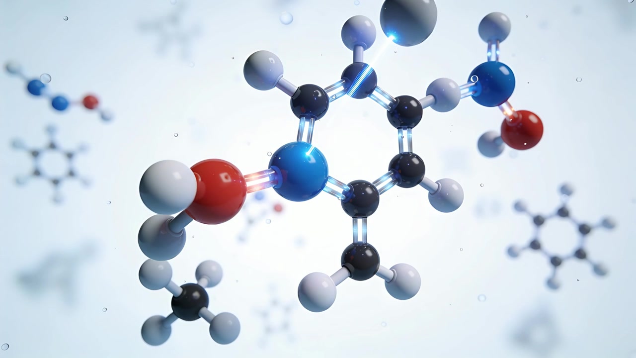 Pulling cam back, orbiting right, molecule rotating, tilting in blue scene, showing red blue atoms
