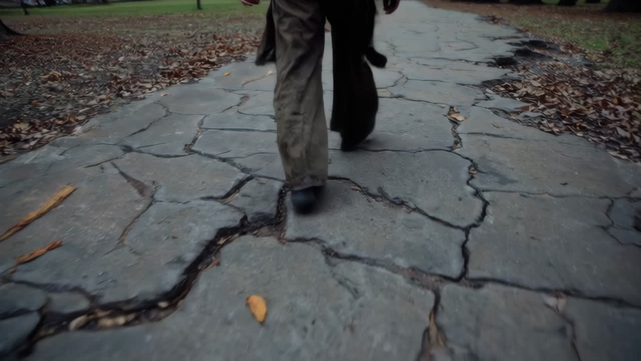 Person Walking on a Cracked Stone Path in Autumn Park