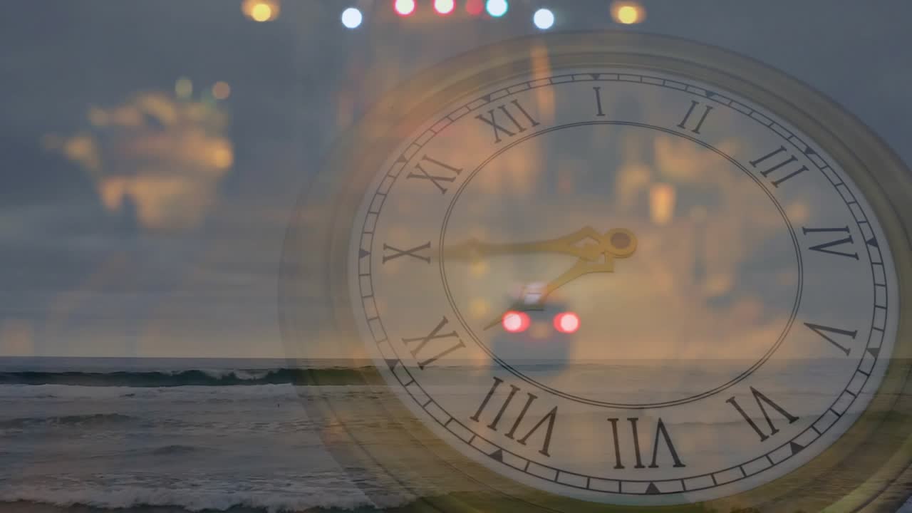 Frame loop causing clock hands turning clockwise lights drifting center waves moving showing time