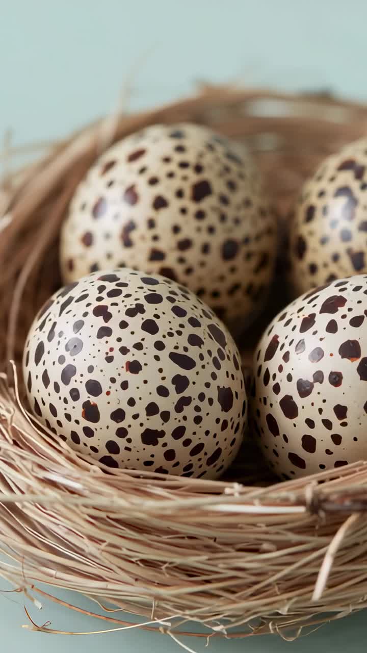 Vertical video: Pushing camera moving closer to nest on mint surface, revealing speckled eggs