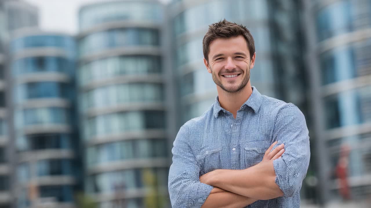 A Confident Young Man Smiling at Camera with Arms Crossed, Set Against a Modern Urban Background of Glass Buildings Reflecting a Professional Atmosphere