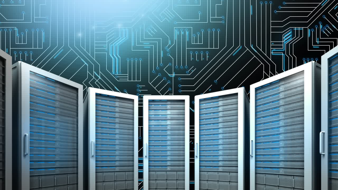 Computer servers on circuit board on dark blue background