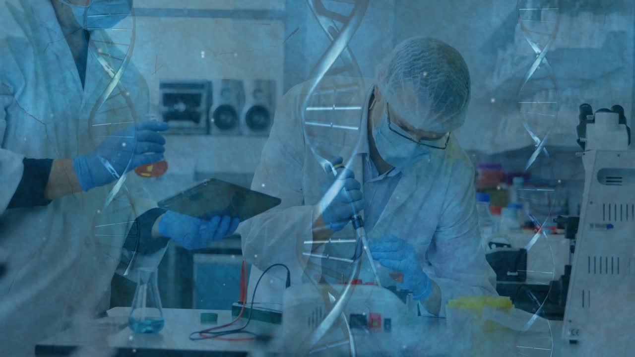 Two scientists using flask and pipette in research lab, showing semi-transparent DNA helix floating