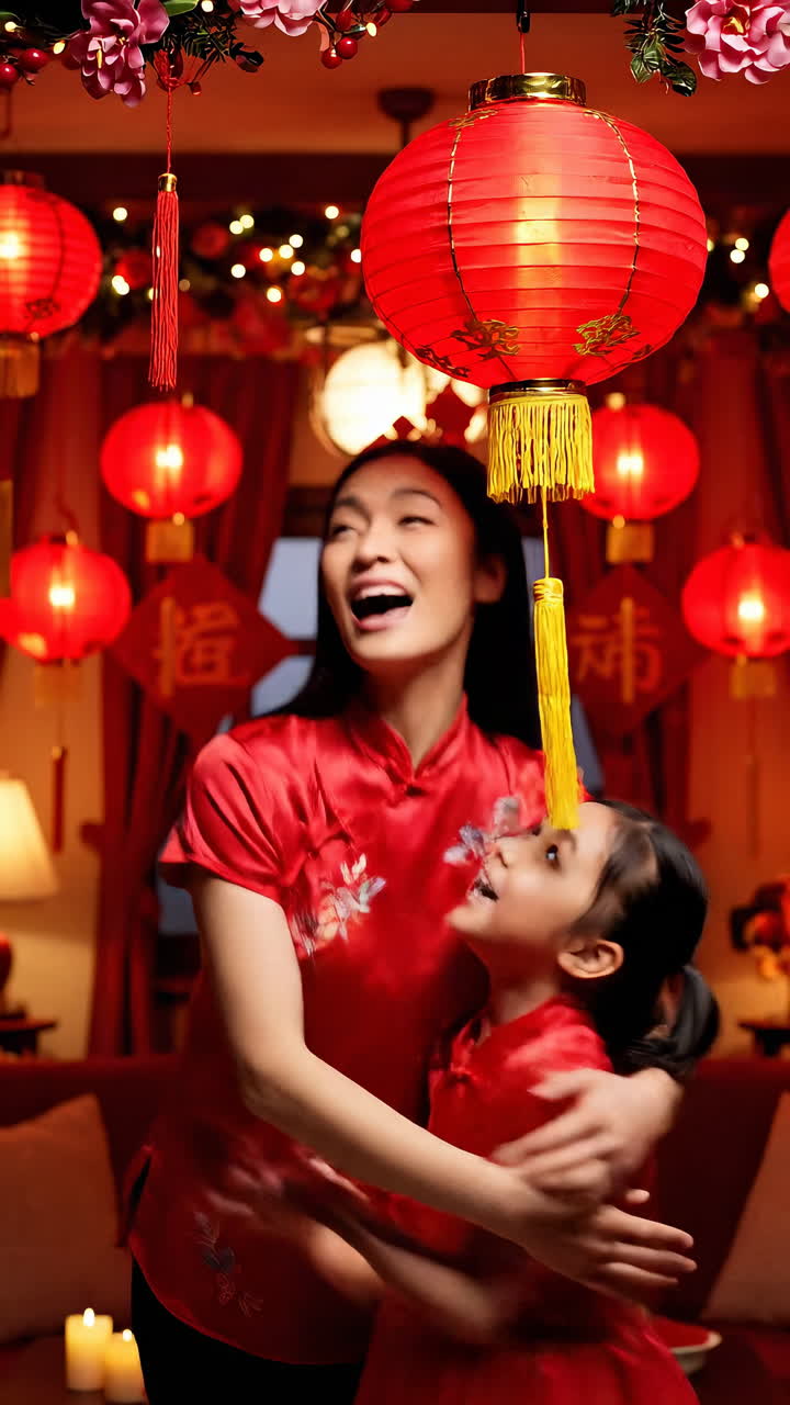 Joyful Asian Mother and Daughter Decorating for Chinese New Year