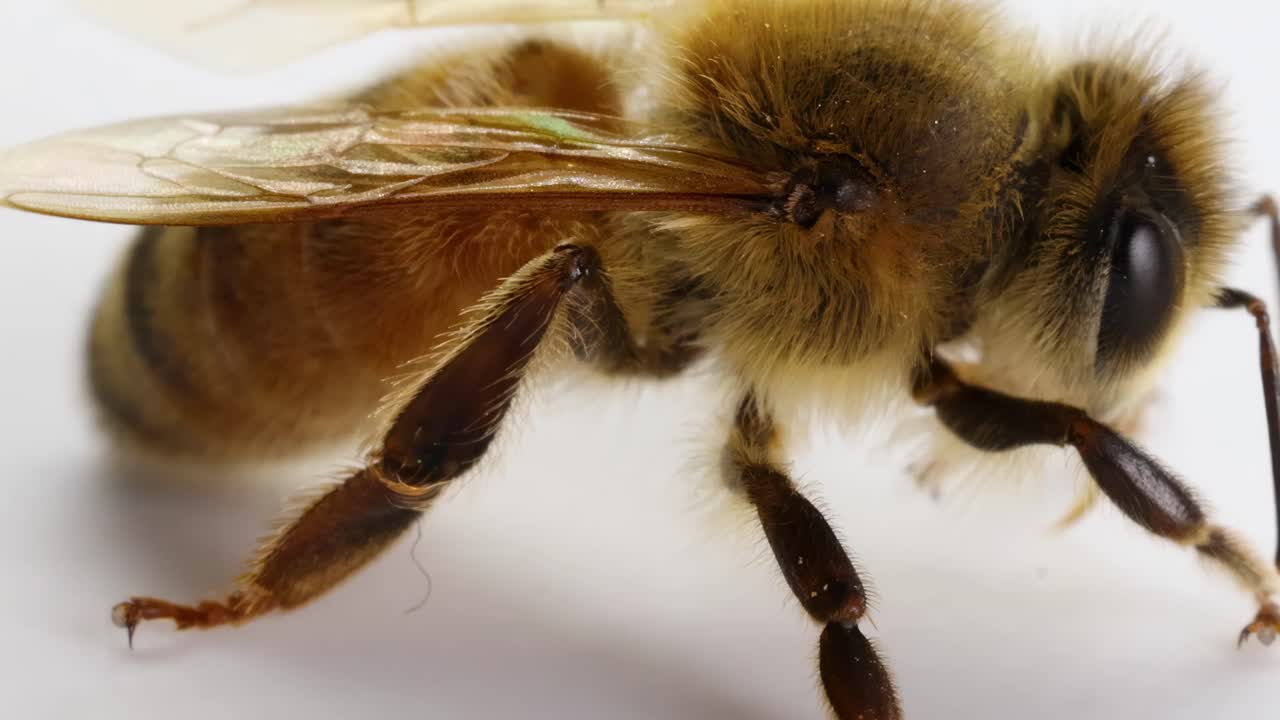 Detailed macro video of a honeybee on a white background, highlighting its anatomy and subtle movements in natural lighting