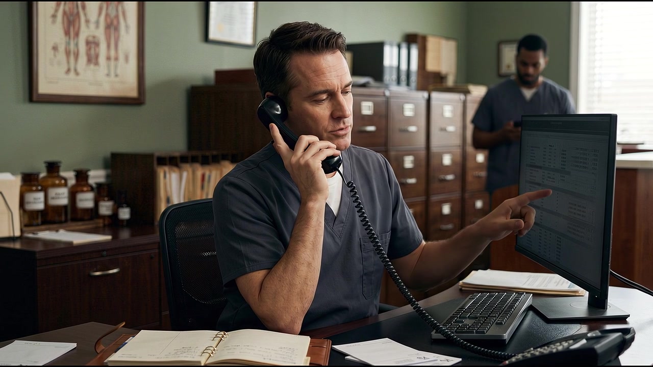 Healthcare administrator speaking on office telephone while reviewing patient information on computer