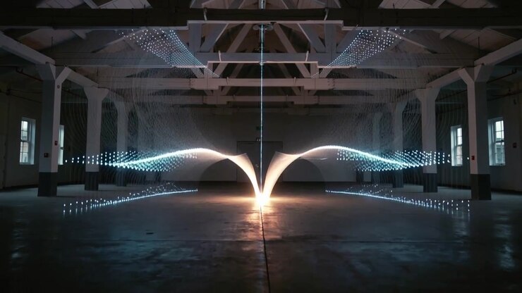 Plataforma de inicio con brillo emergente en el suelo, escultura LED dividiéndose y formando arcos espejados en almacén