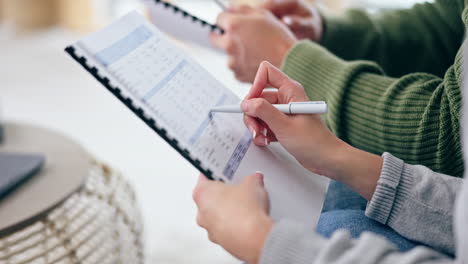 Couple hands, documents and planning for home