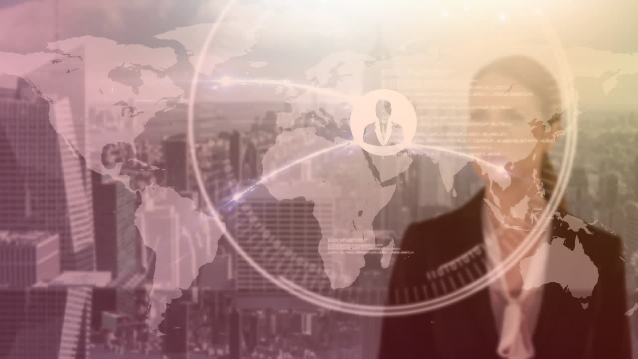 화면에 세계 지도를 만지는 사업가 여성에 대한 아이콘과 연결 네트워크의 애니메이션