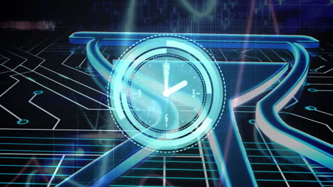 animation of clock with turning hands over computer circuit and hourglass icon on black background