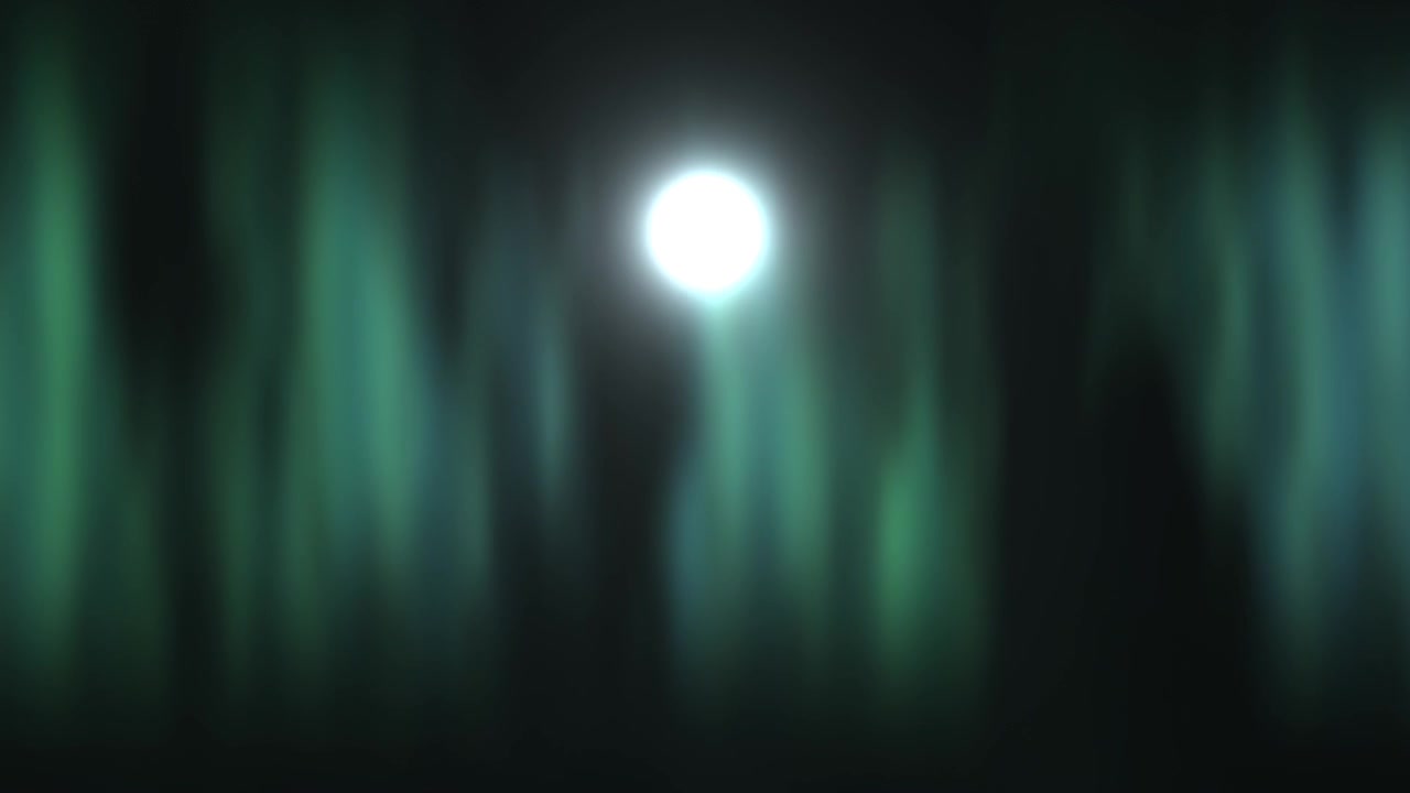 Una luce brillante appare al centro di una scena di foresta scura. Gli alberi circostanti creano un effetto d'ombra. L'atmosfera è piena di mistero e intrigo.