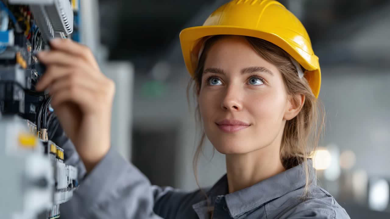 Focused technician working on electrical equipment, demonstrating expertise and attention to detail in a modern industrial environment, wearing a safety helmet and professional attire