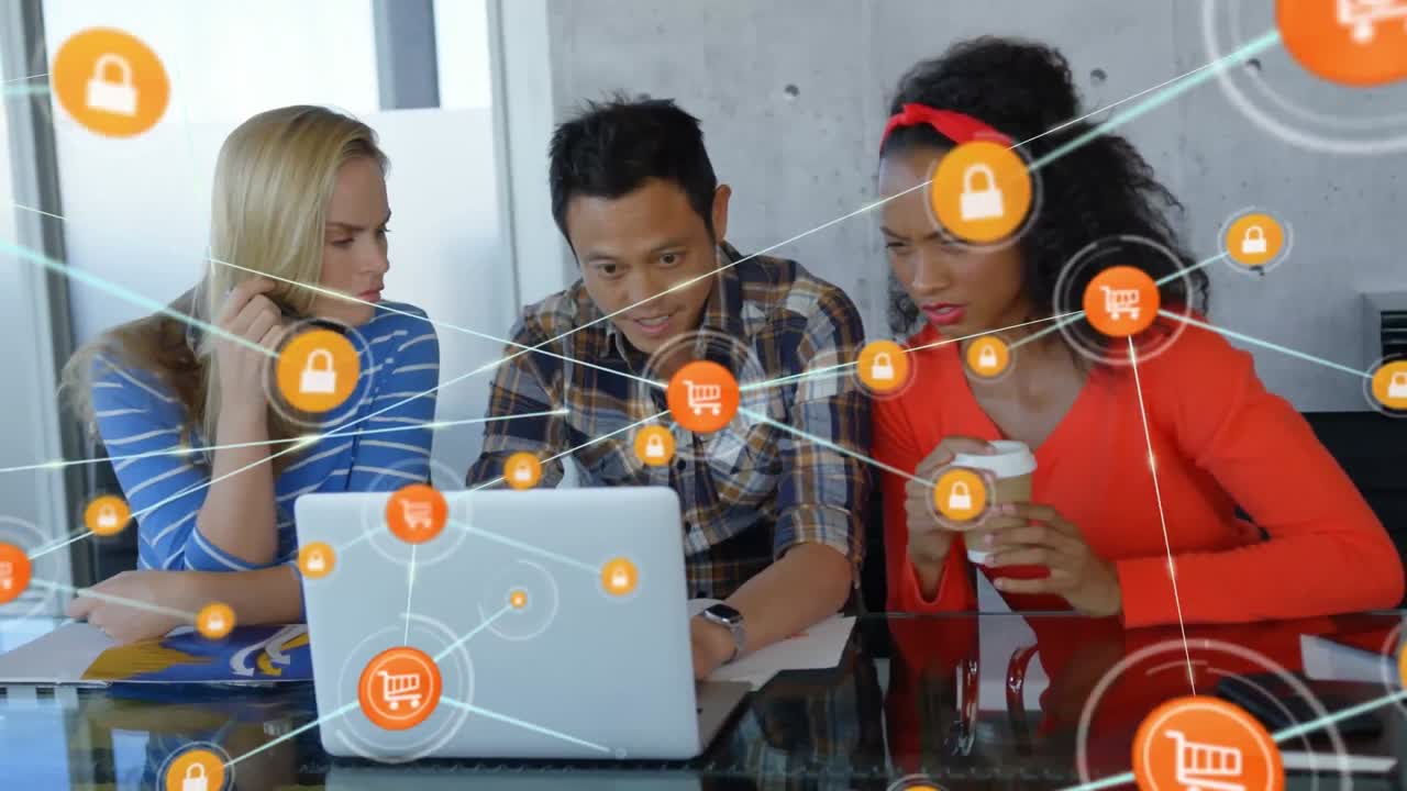 animación de una red de iconos digitales sobre diversos colegas discutiendo juntos en la oficina