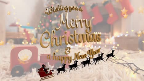 Animation-of-merry-christmas-text-over-santa-claus-in-sleigh-with-reindeer