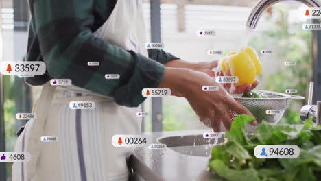 home cook washing yellow bell pepper in kitchen, presenting cooking tutorial with social icons