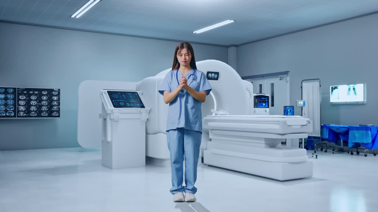 Figura intera di dottoressa asiatica che prega per qualcosa accanto a una macchina per la risonanza magnetica