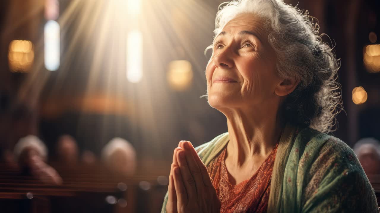 Elderly woman in prayer, bathed in warm light, captured from a low angle