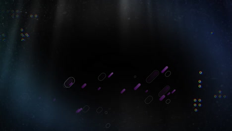 animation of purple light trails over dots, crosses and data processing on black background