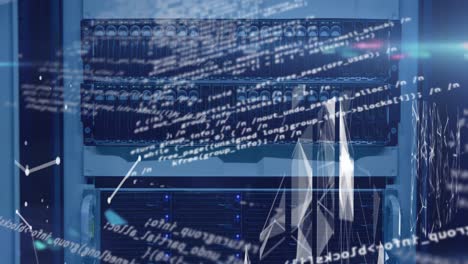 animation of data processing and shapes over server room