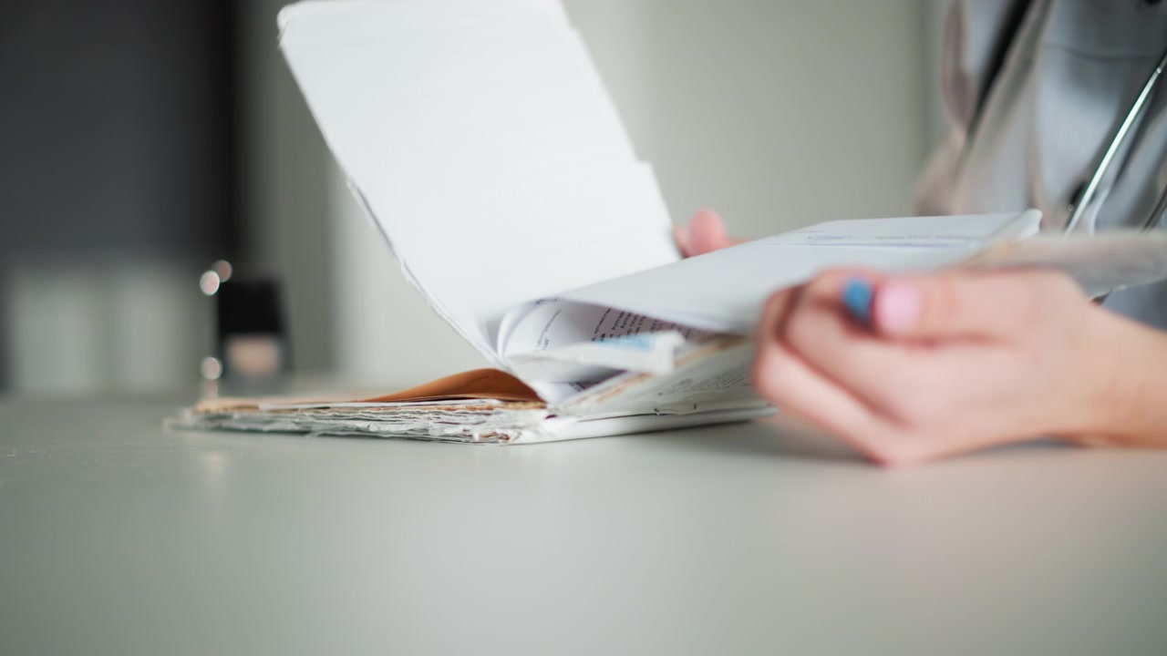 Un'infermiera bianca alla scrivania organizza i moduli dei pazienti, mentre un medico mascherato sfoglia le pagine della cartella clinica, con uno stetoscopio appeso al collo. L'illuminazione clinica è soffusa, e un primo piano si concentra su mani e documenti che mostrano un'attenta acquisizione.