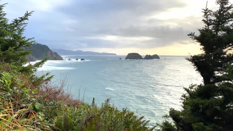 serene ocean view with coastal rocks and lush greenery