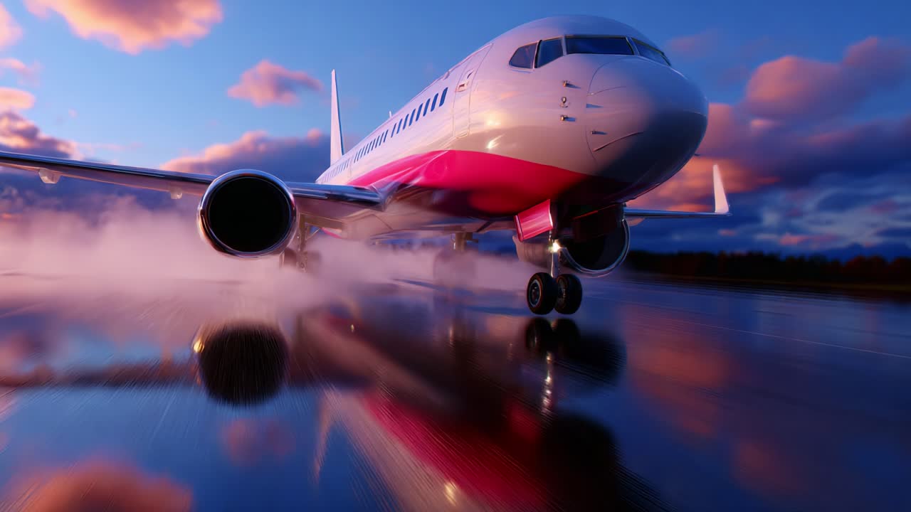 A Stunning Aircraft Landing: Captivating Views of an Airplane Touching Down Amidst Beautiful Clouds and Reflections at Twilight, Perfectly Showcasing Aviation's Thrilling Moments
