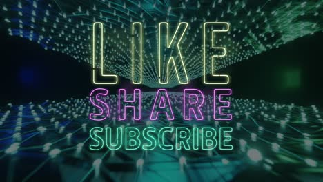 Animation-of-like,-share,-subscribe-text-in-flashing-neon-over-moving-network-of-white-lights