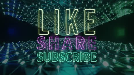 animación de texto como, compartir, suscribirse en neón intermitente sobre una red móvil de luces blancas