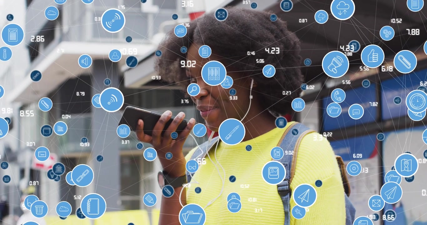 Young Woman Using Smartphone with Digital Network Overlay in Urban Setting