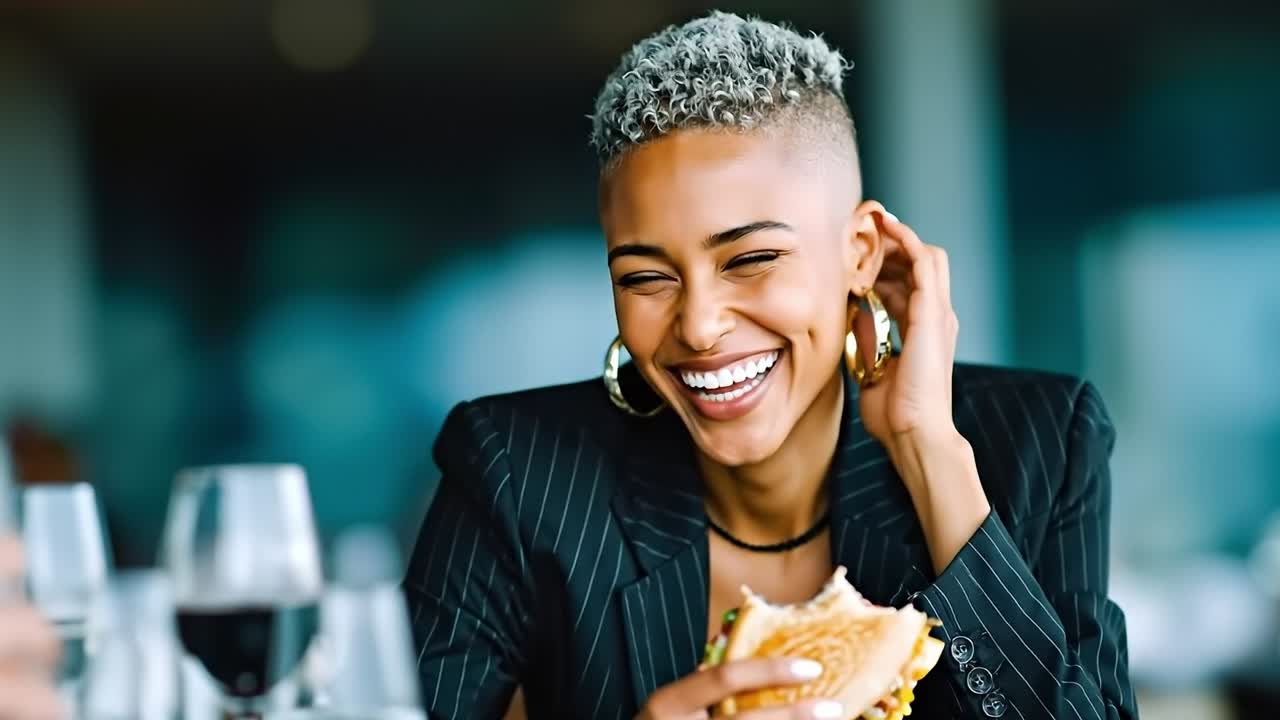 A woman sitting at a table eating a sandwich