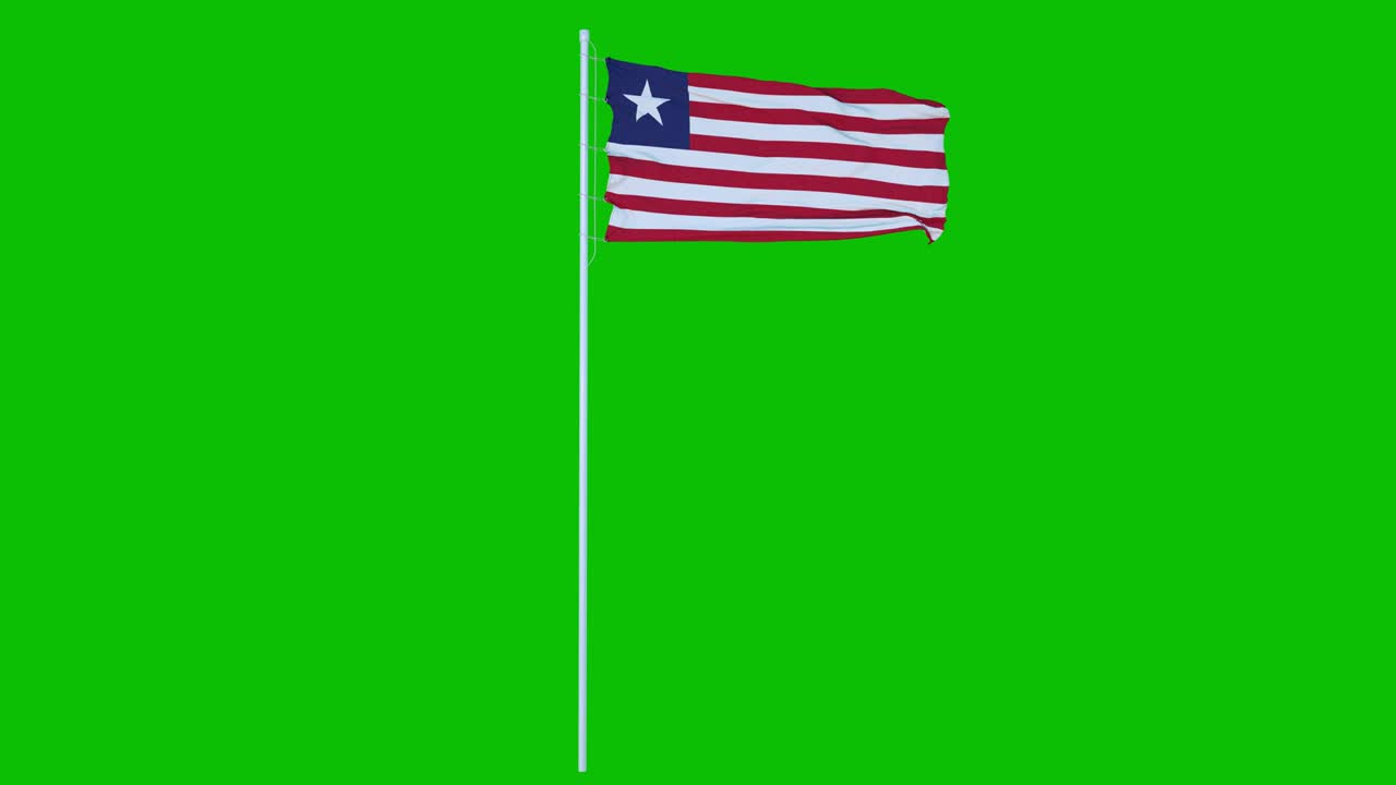 bandera de liberia ondeando en el viento en pantalla verde o fondo de tecla de croma. animación 4k
