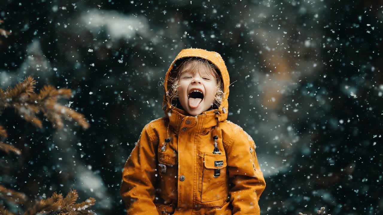 Joyful Child in Winter Wonderland: Captivating Moments of Laughter and Snowfall as a Young Boy Relishes the Magic of a Serene Snowy Day Outdoors