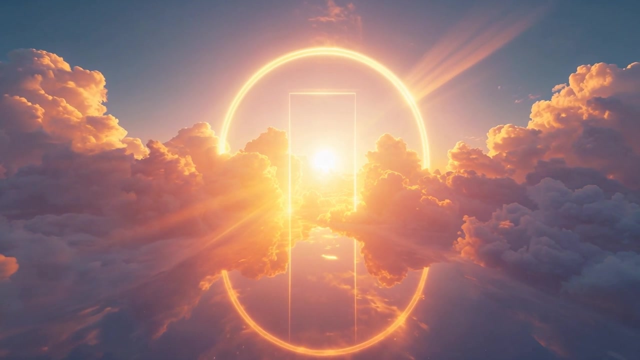 La luce del sole che filtra tra le nuvole alimenta un anello al neon e un portale verticale che illumina il riflesso sottostante.