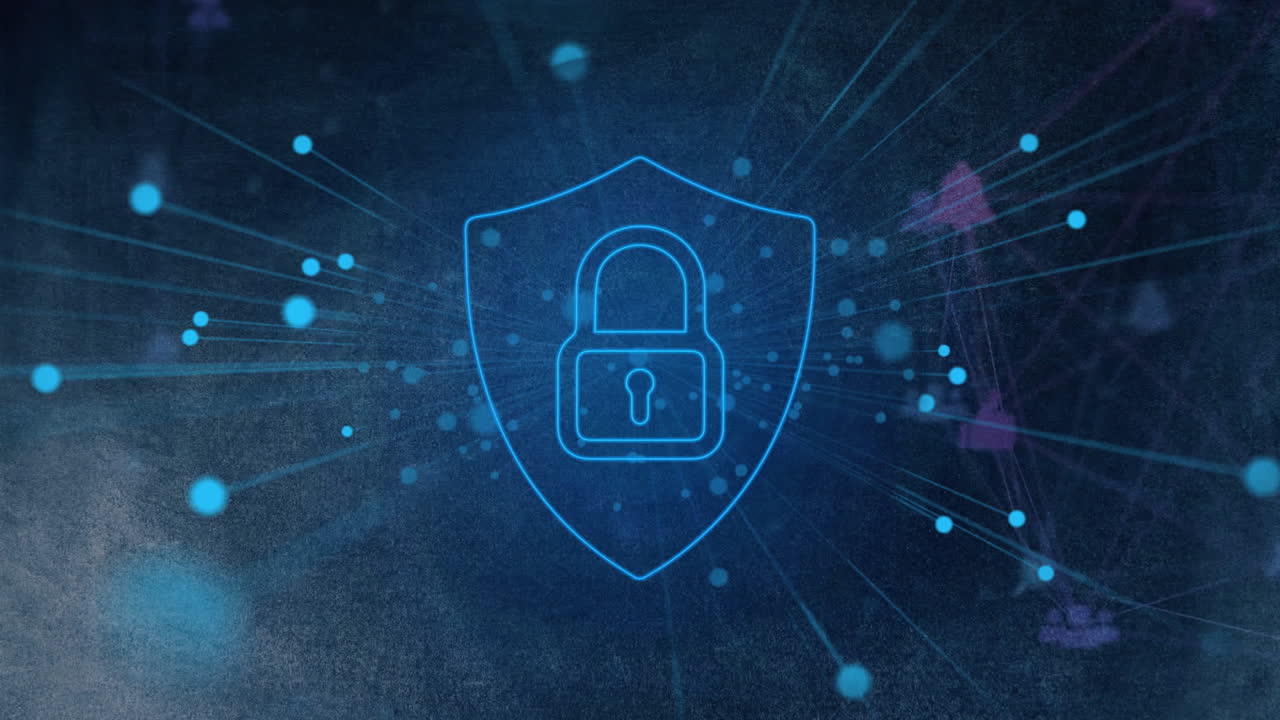 Animation of dots around padlock in shield with connected icons globe over abstract background